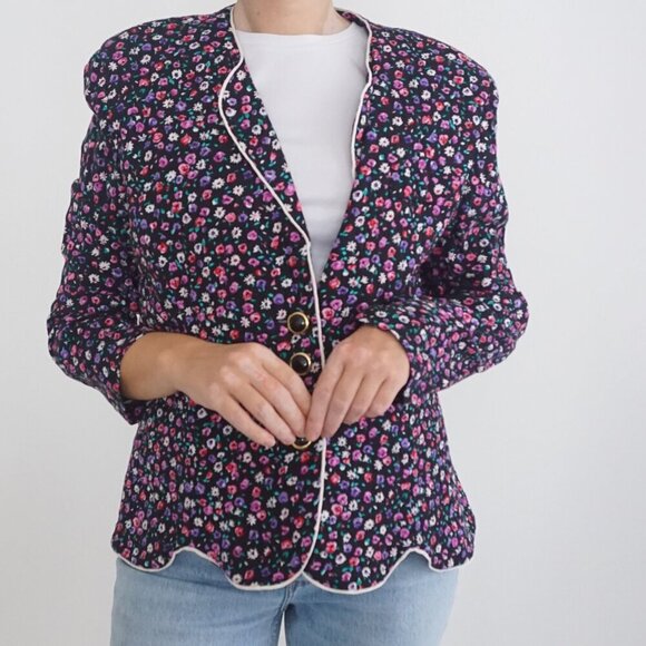 Vintage Leslie Faye Black w Pink Purple Floral Button Crop Blazer 18/ M - Picture 2 of 11